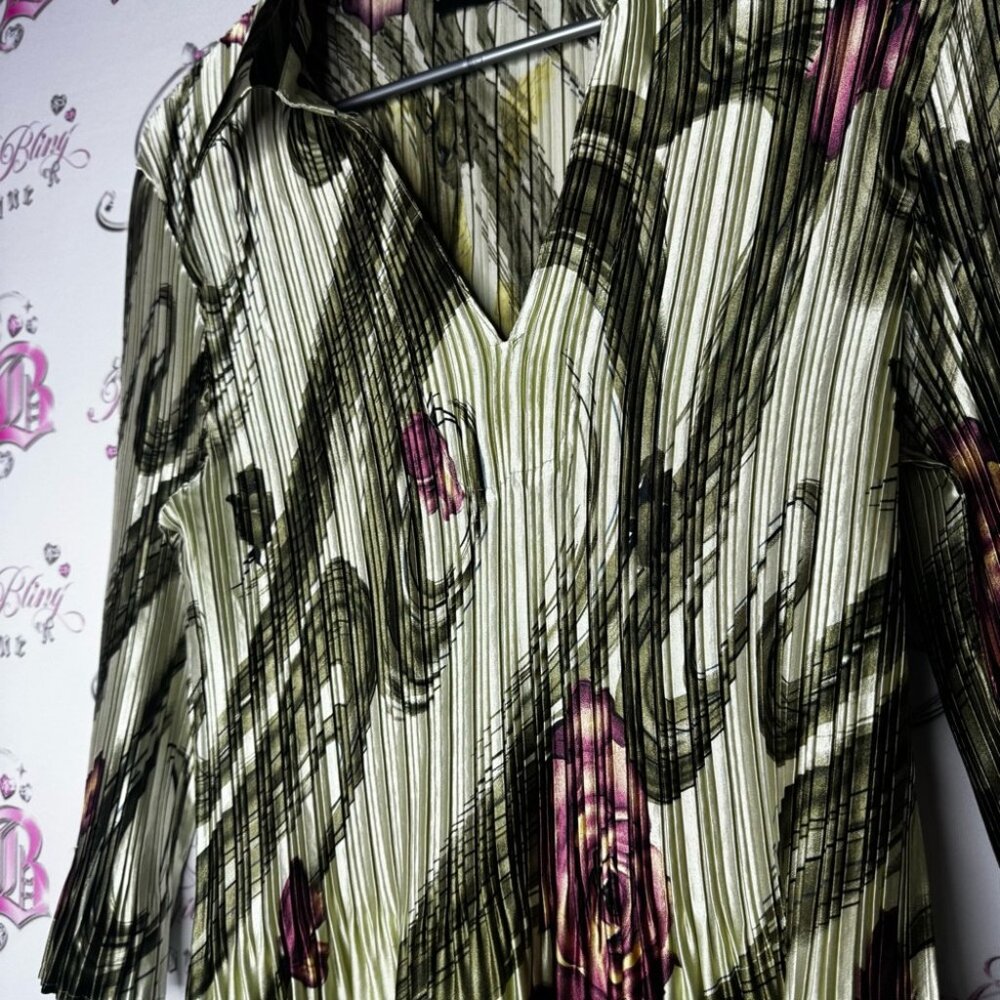 Mini pleats magic scarf top pleated floral green purple stretchy soft shiny luxe - Picture 11 of 11
